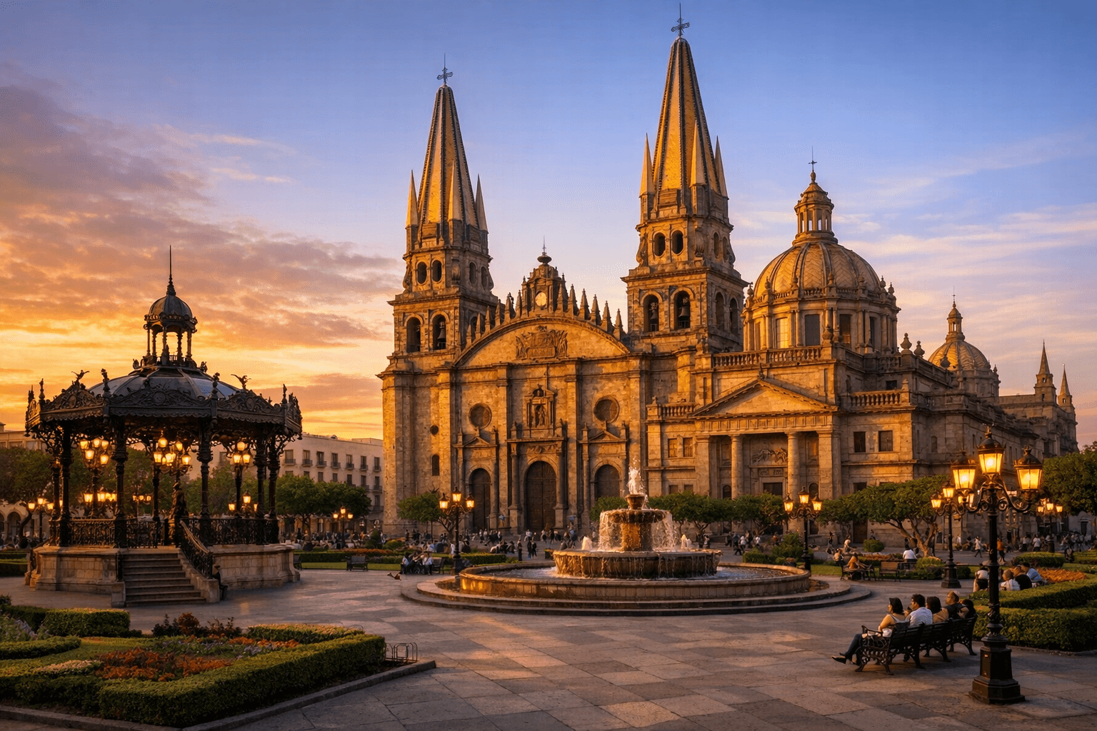 Guadalajara historic cathedral and plaza at sunset