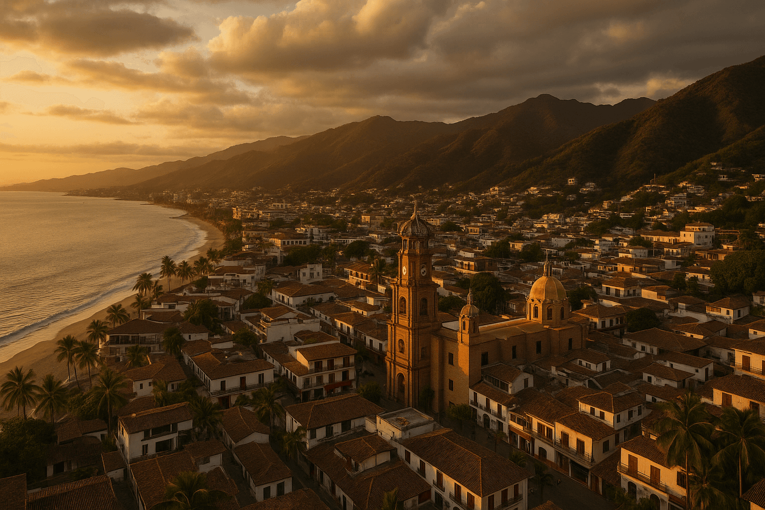 Aerial panoramic view of Mexican coastal town with mountains at golden hour