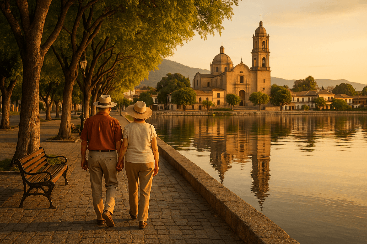 Peaceful Mexican lakeside town promenade at golden hour