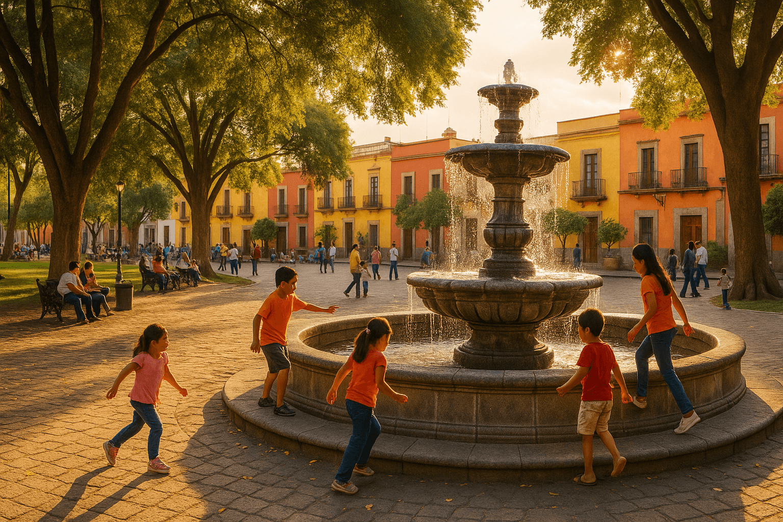 Mexican plaza with families and children near colonial fountain at golden hour