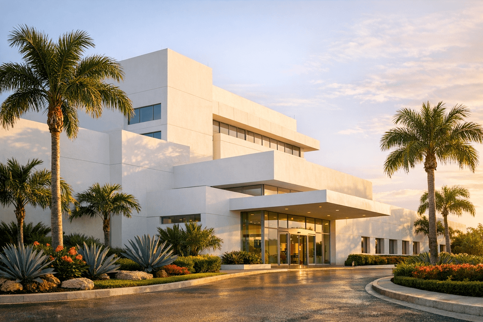 Modern Mexican hospital entrance with palm trees