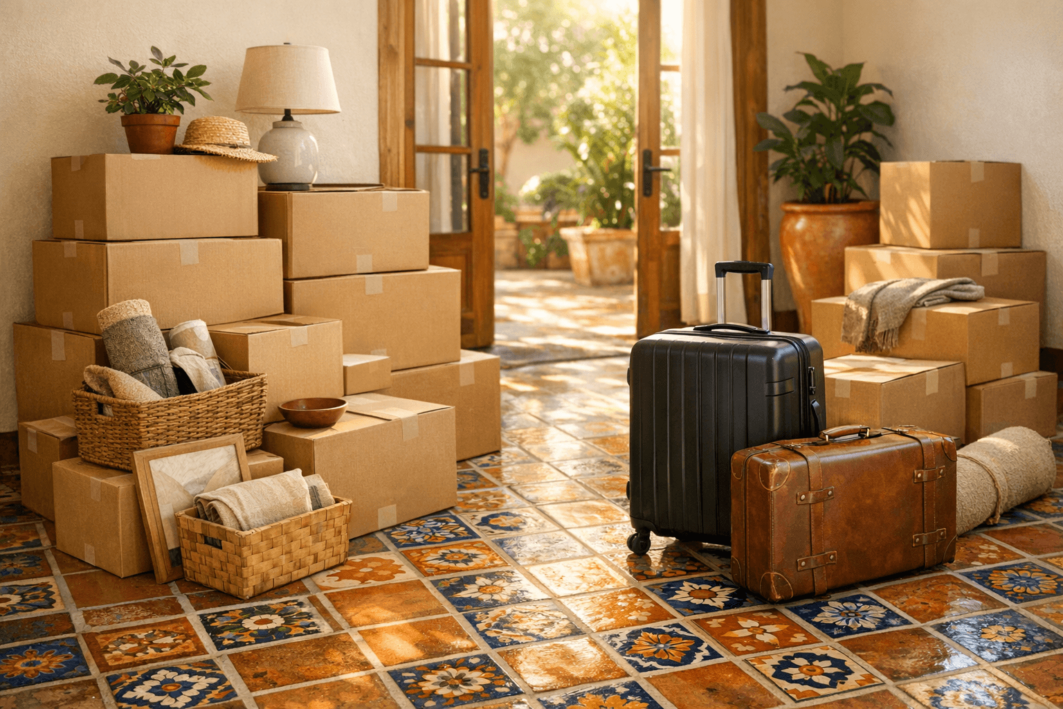 Moving boxes and luggage ready for international relocation