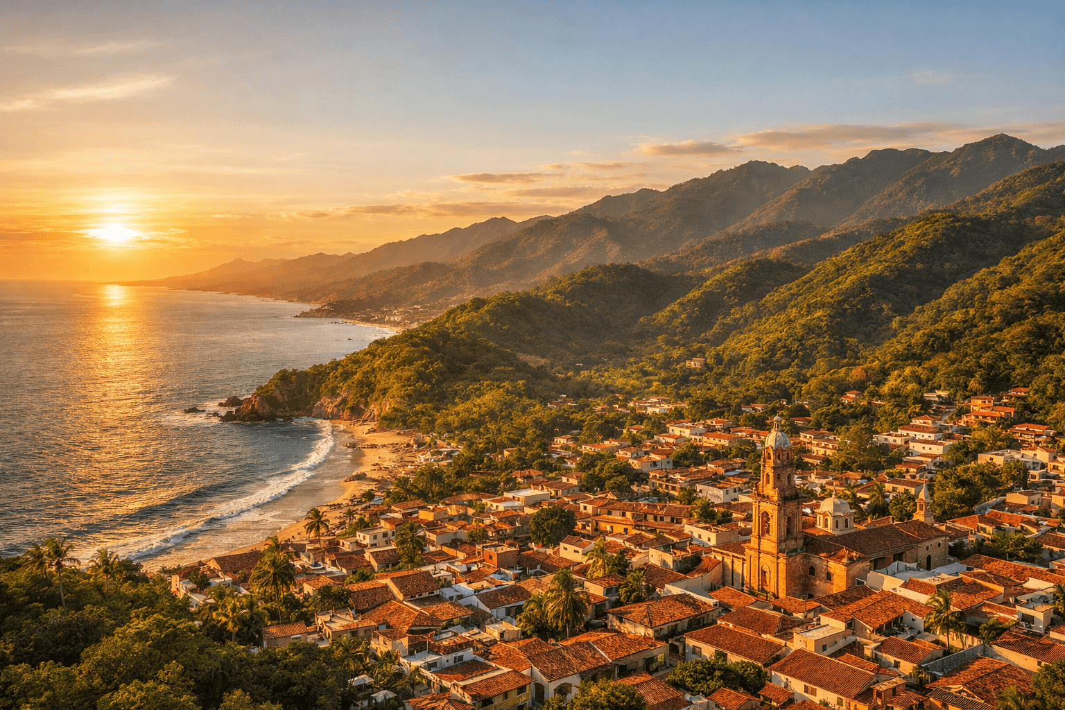 Panoramic view of Mexican city with mountains at sunset